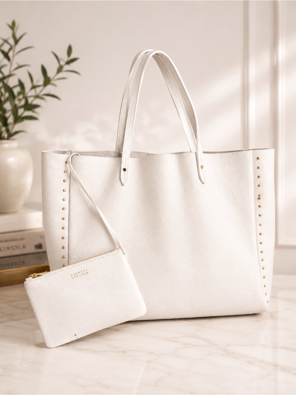 Barneys New York White Pebbled Leather Tote Bag w/ Matching Zip Pouch Large